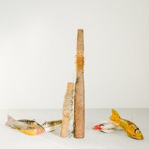 Vintage Fish Lure Decoy Set with 2 Handmade Wooden Fishing Rods Primitive RARE